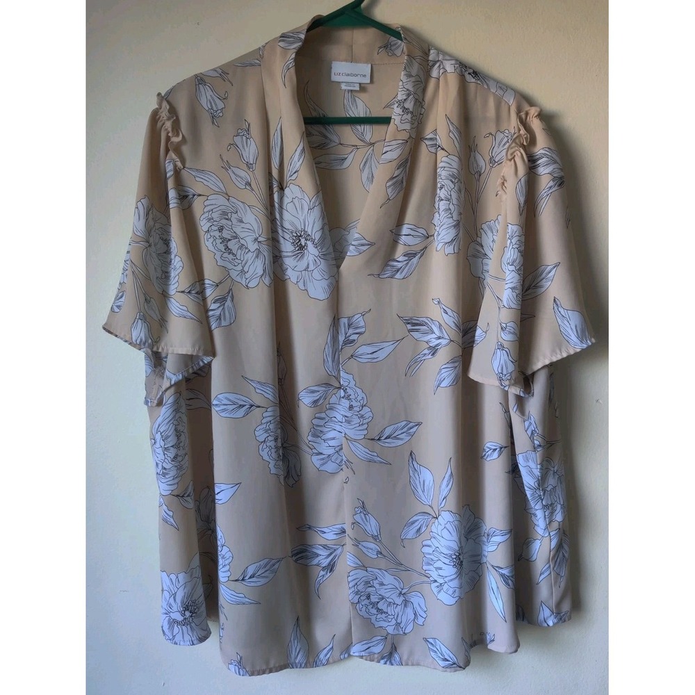 Liz Claiborne Floral Top Women's Ruffled Short Sleeve Pastel‎ Yellow/Tan Size 2X